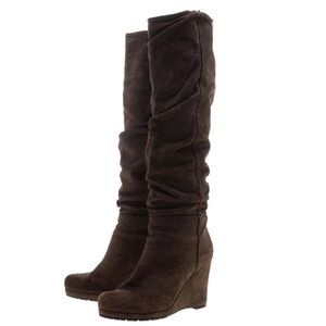 PRADA Brown Suede Wedge Heel Knee High Boots Sz 9